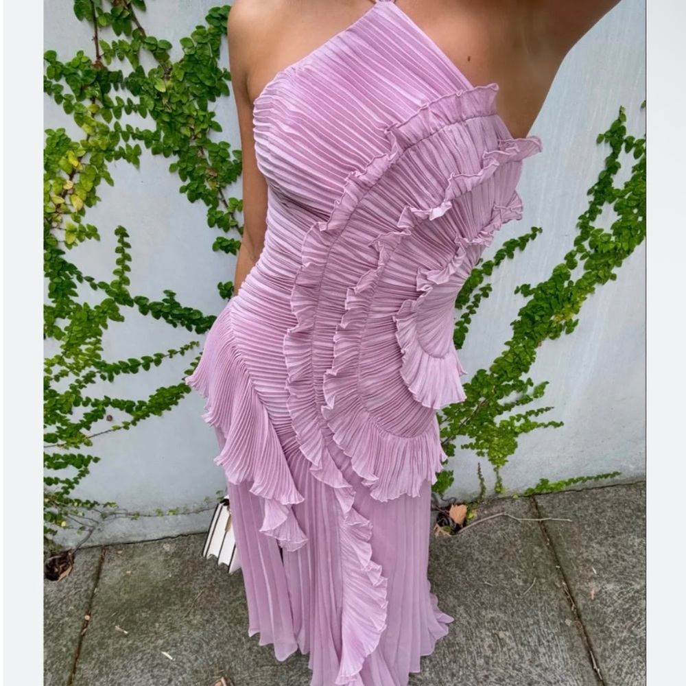 AMUR Lorelie Halter Pleated Rosette Side Gown in Water Hyacinth Viral size 8 US - Picture 4 of 14